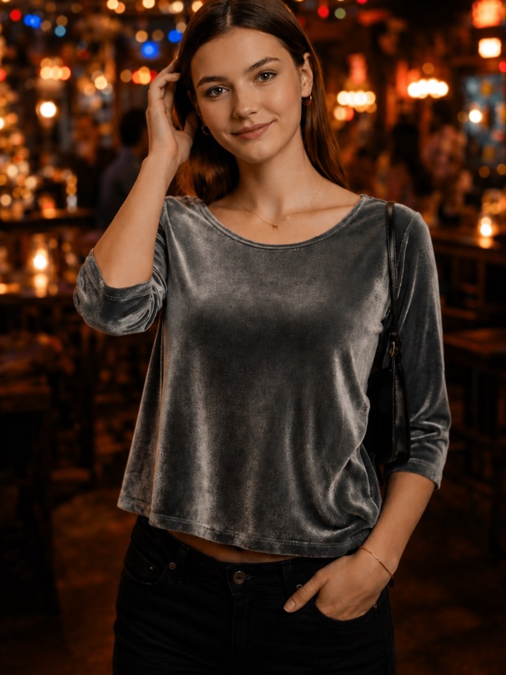 VINTAGE Silver Velvet Stretch 3/4 Sleeve Top Y2K Holiday Glam Petite L‎